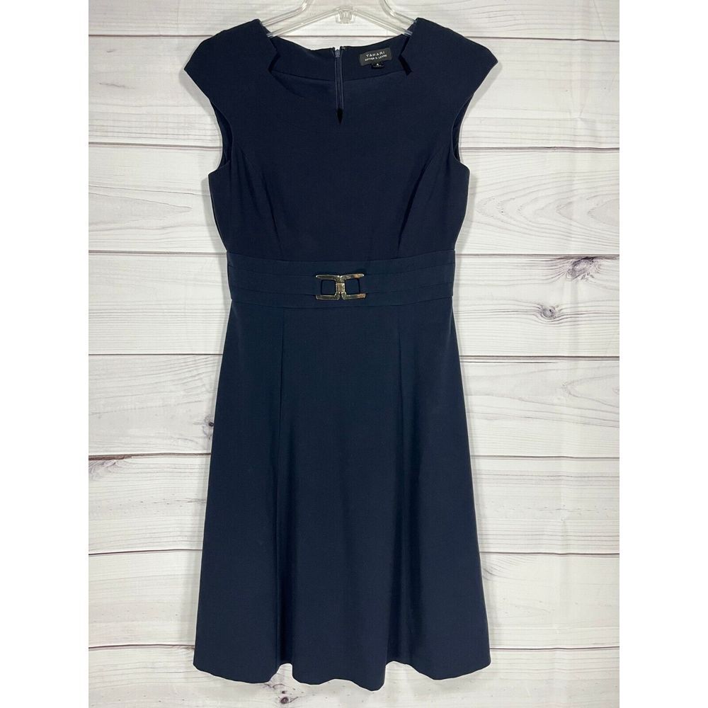 Tahari Artur S. Levine Sheeth Dress Womens 4 Navy Split Neck Sleeveless Belted